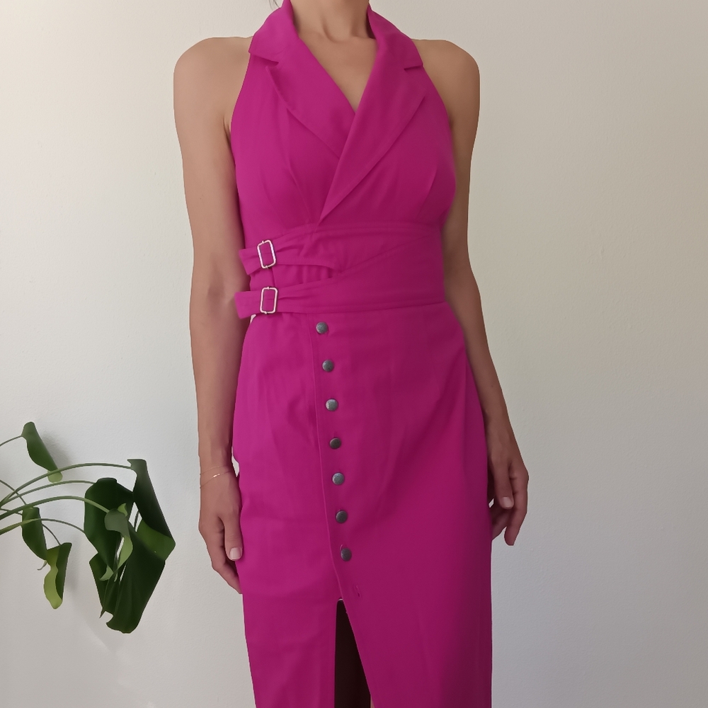 Vintage Backless Halter Button Front Fuchsia Pink… - image 2